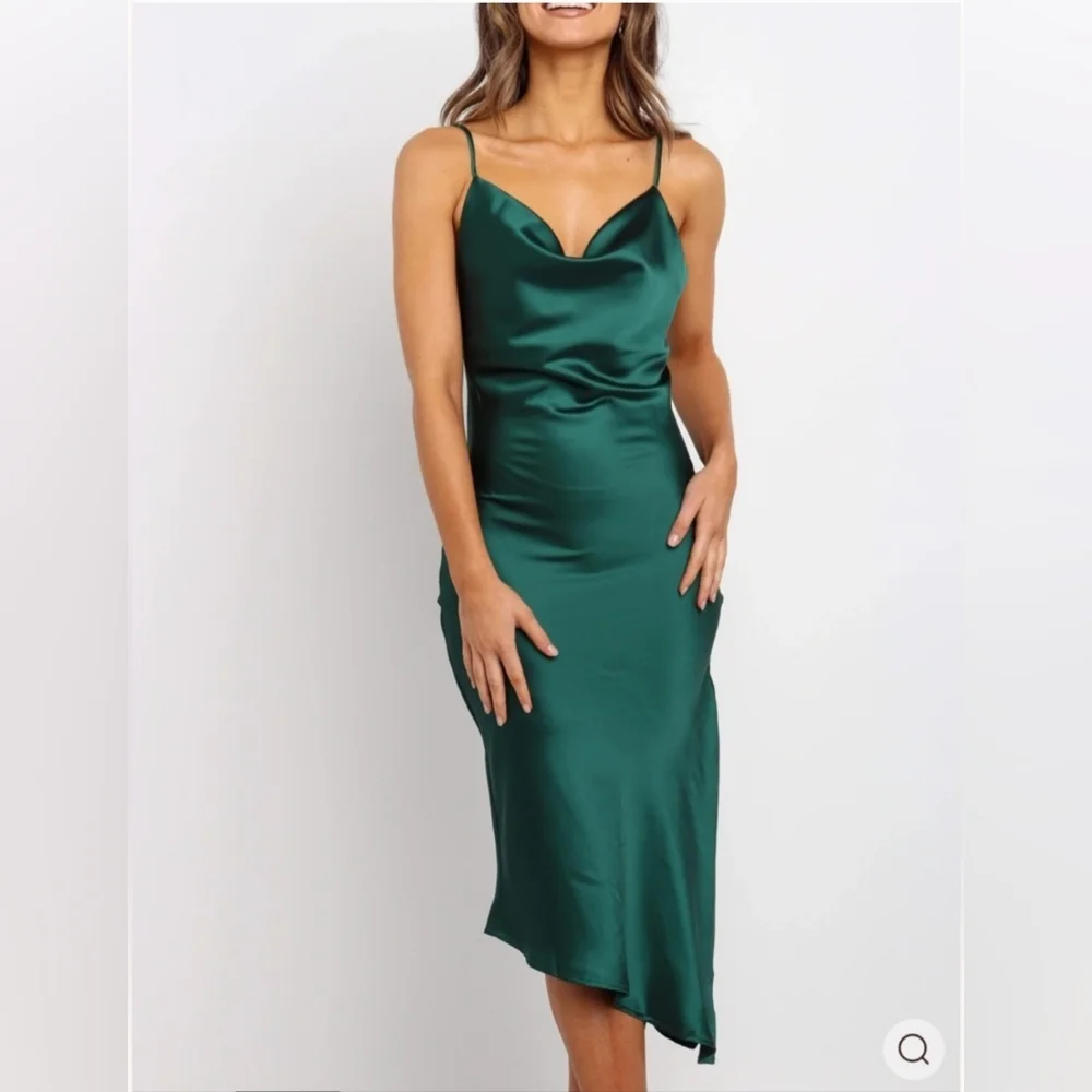 Petal & Pup Emerald Satin Asymmetrical Slip Dress - Picture 2 of 8
